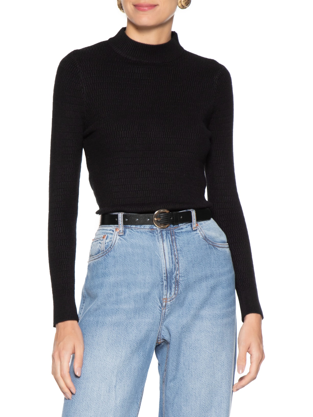 Cinto Feminino Texturizado Com Fivela Redonda Metálica Preto Basiq