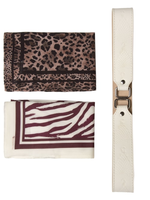 Cinto Feminino Texturizado Em Couro + 2 Lenços - Off White