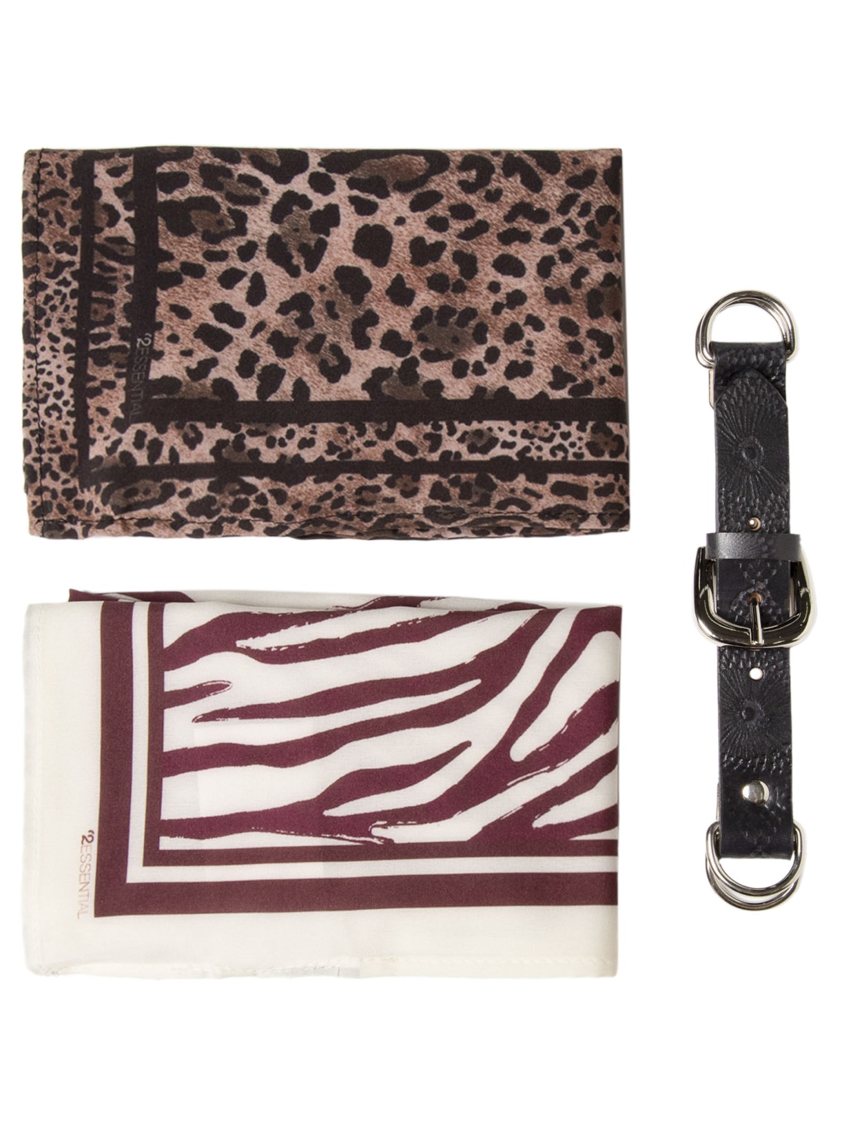 Cinto Feminino Texturizado Em Couro + 2 Lenços - Preto