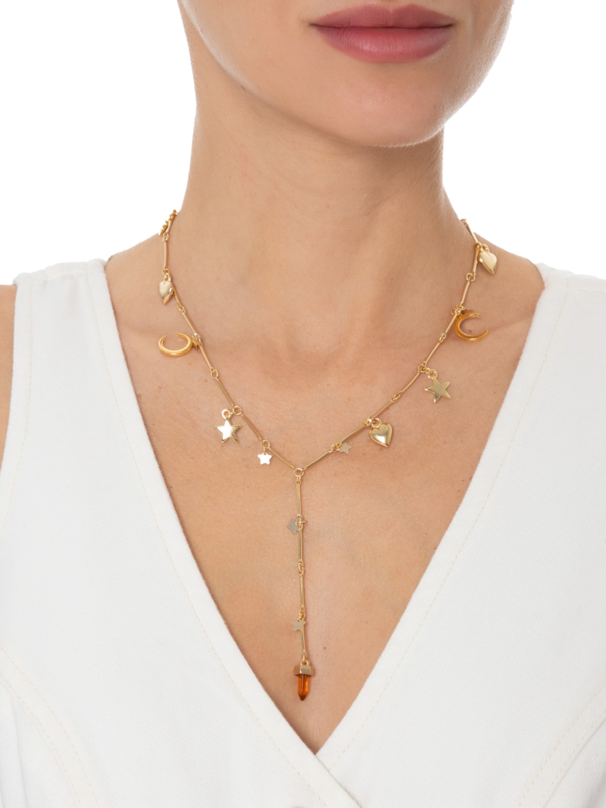 Colar Feminino Elementos Pedra Resina Dourado Dress To