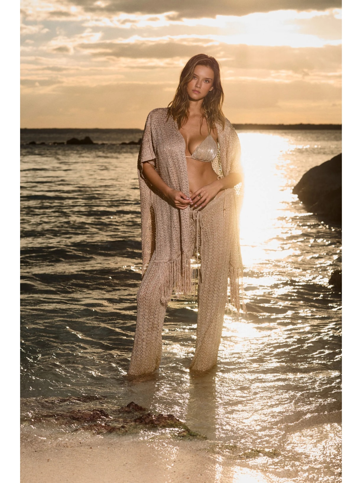 Colete Em Crochê Lamê Bege Calzedonia