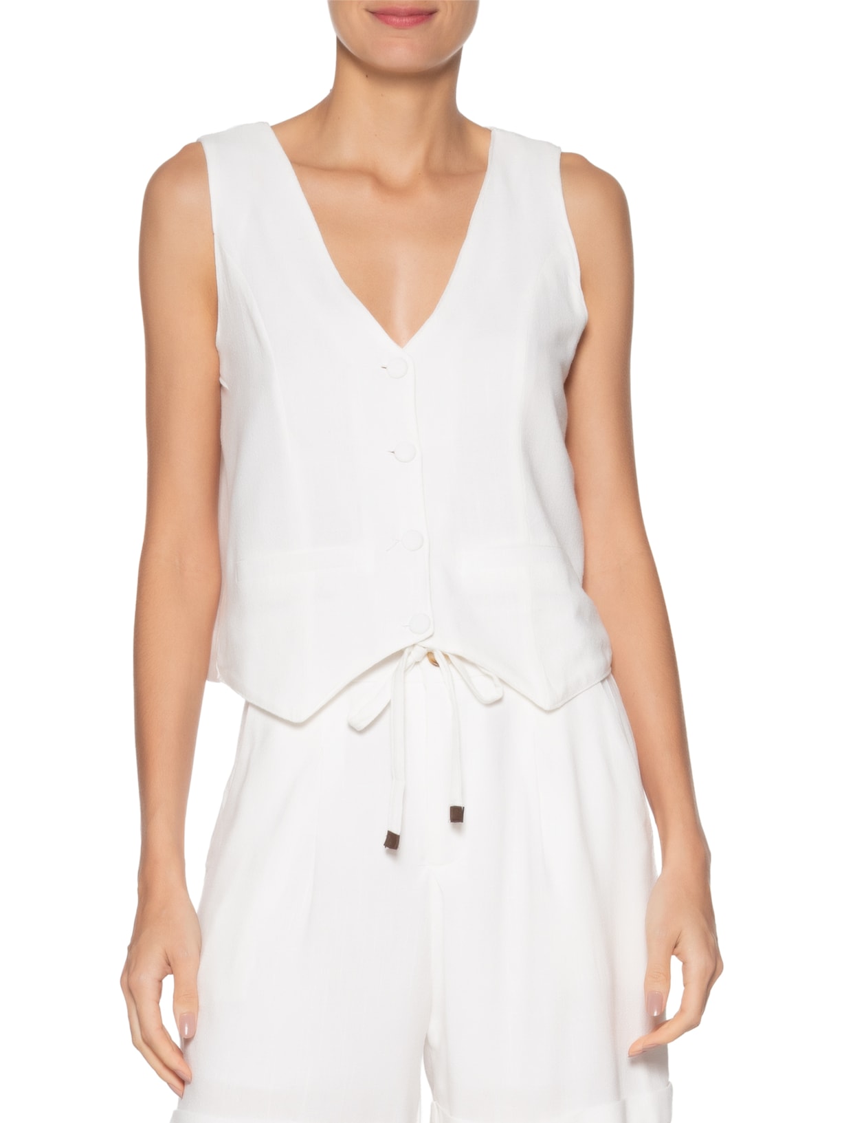 Colete Feminino Alfaiataria Com Linho Branco Basiq