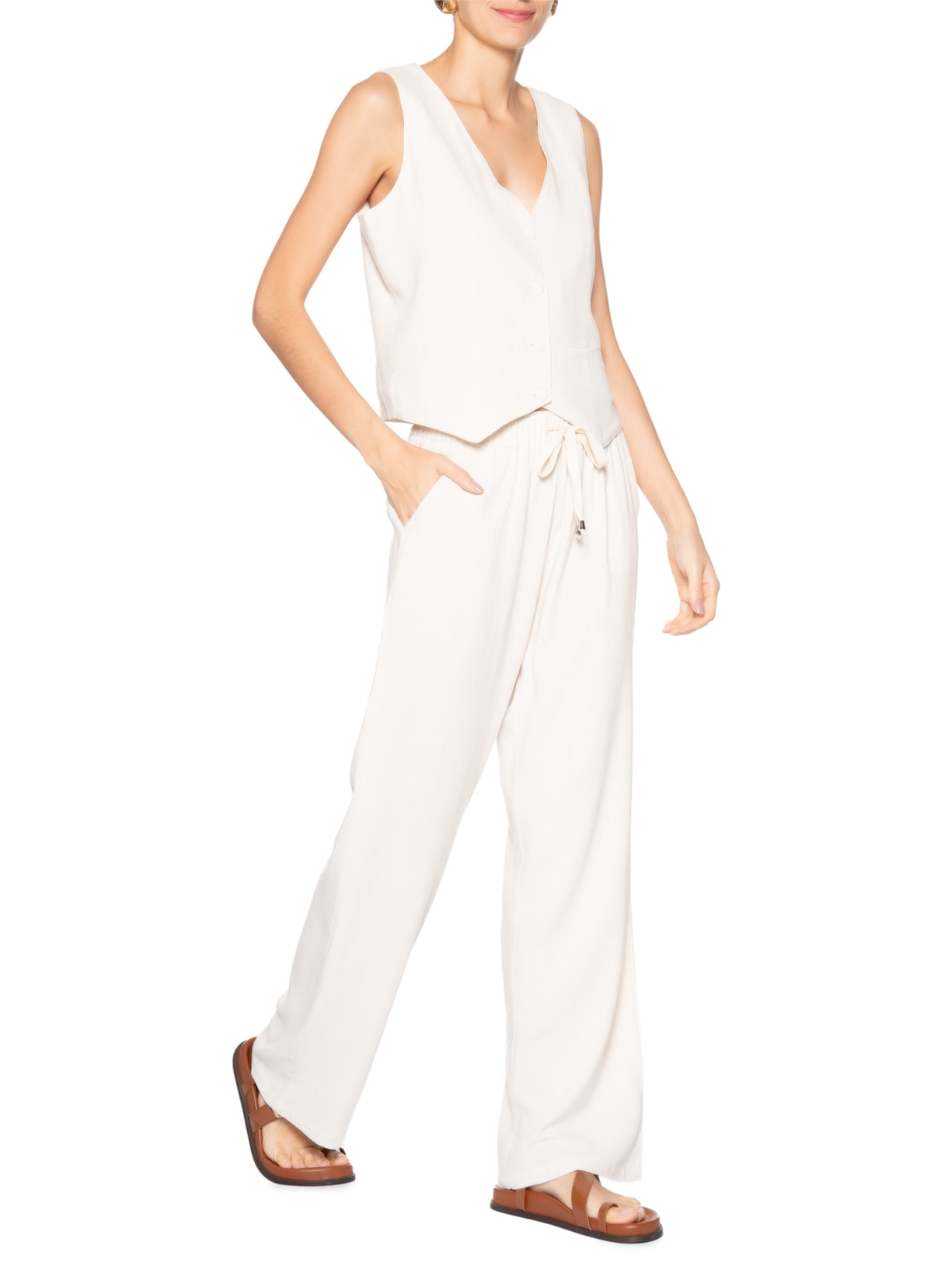 Colete Feminino Alfaiataria Com Linho Off White Basiq