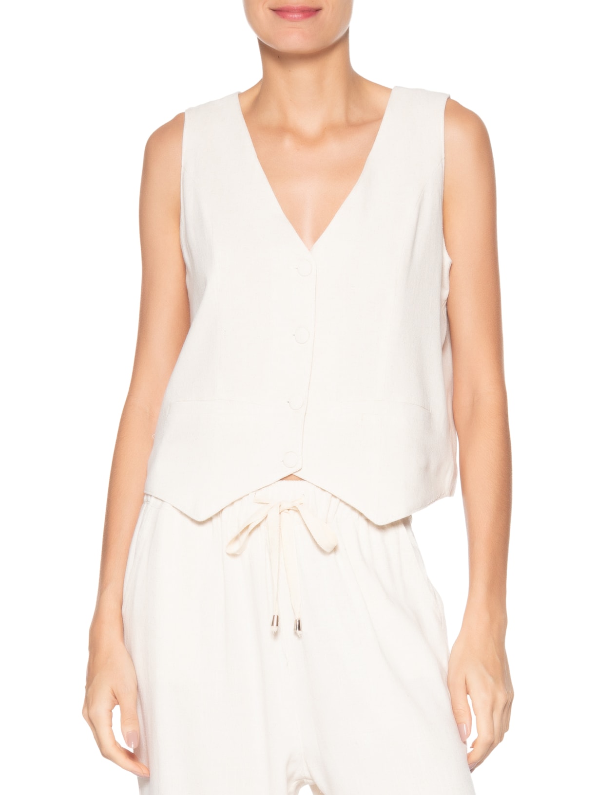 Colete Feminino Alfaiataria Com Linho Off White Basiq