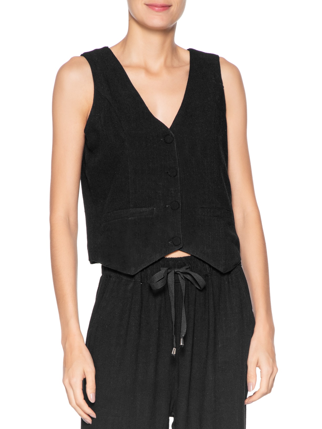 Colete Feminino Alfaiataria Com Linho Preto Basiq