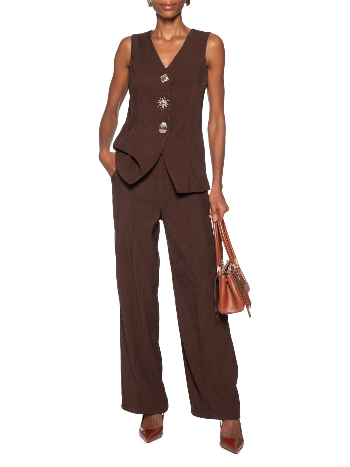 Colete Feminino Alongado Alfaiataria Marrom '2Essential