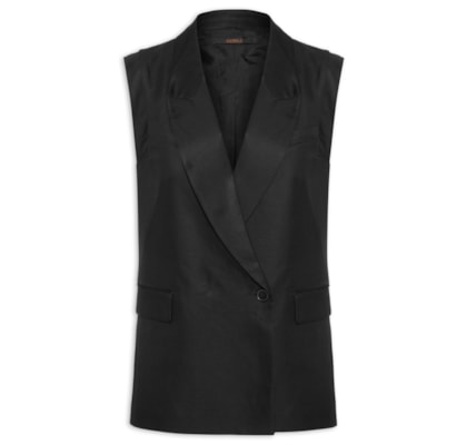 Colete Feminino Alongado Com Linho - Preto