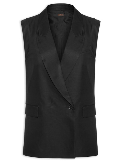 Colete Feminino Alongado Com Linho - Preto