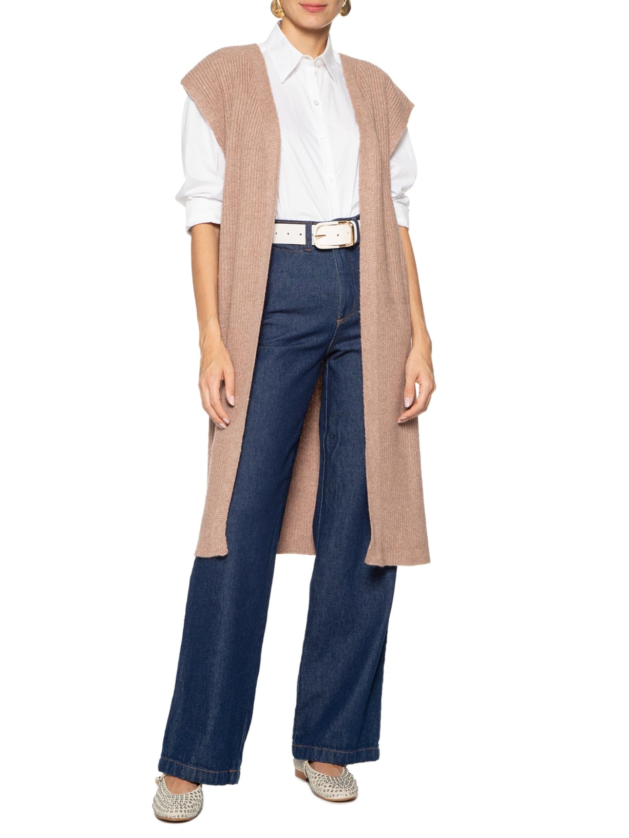 2Essential Colete Feminino Alongado Em Tricot Sem Manga Bege