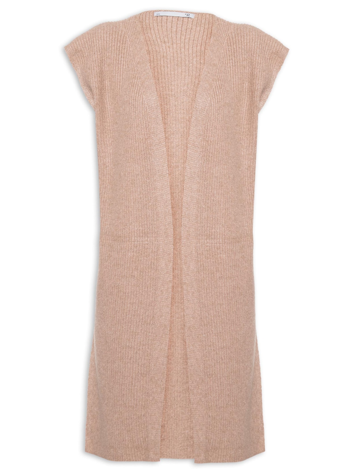 Colete Feminino Alongado Em Tricot Sem Manga - Bege