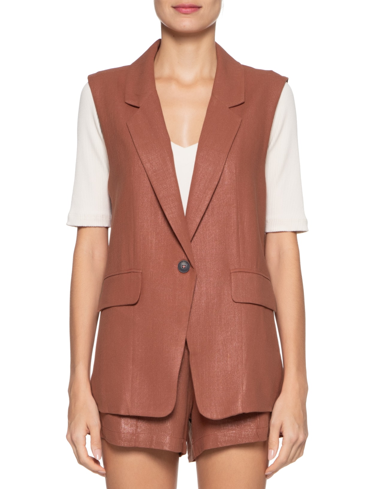 Colete Feminino Botão Único Com Bolsos Marrom '2Essential