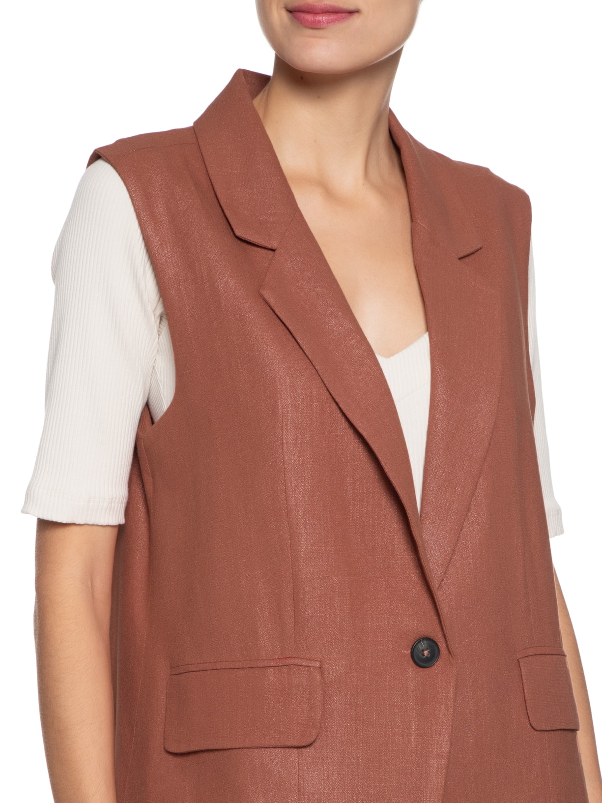 Colete Feminino Botão Único Com Bolsos Marrom '2Essential