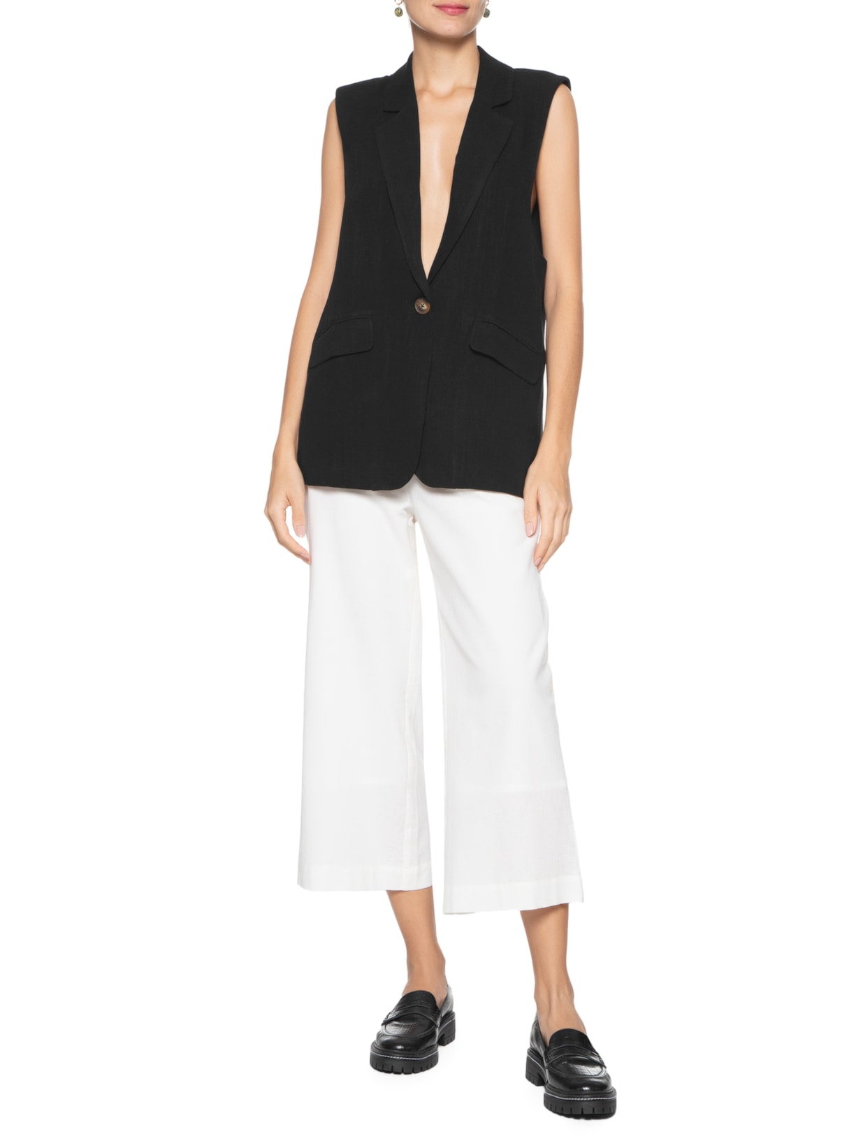 Colete Feminino Botão Único Com Bolsos Preto '2Essential