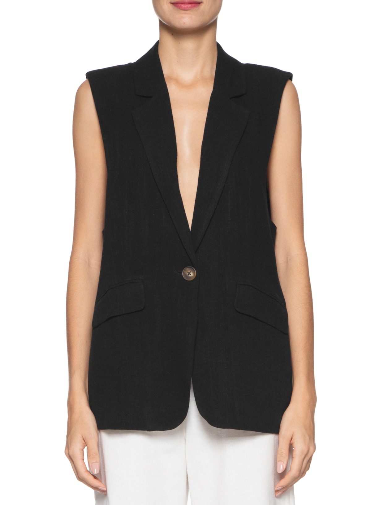 Colete Feminino Botão Único Com Bolsos Preto '2Essential