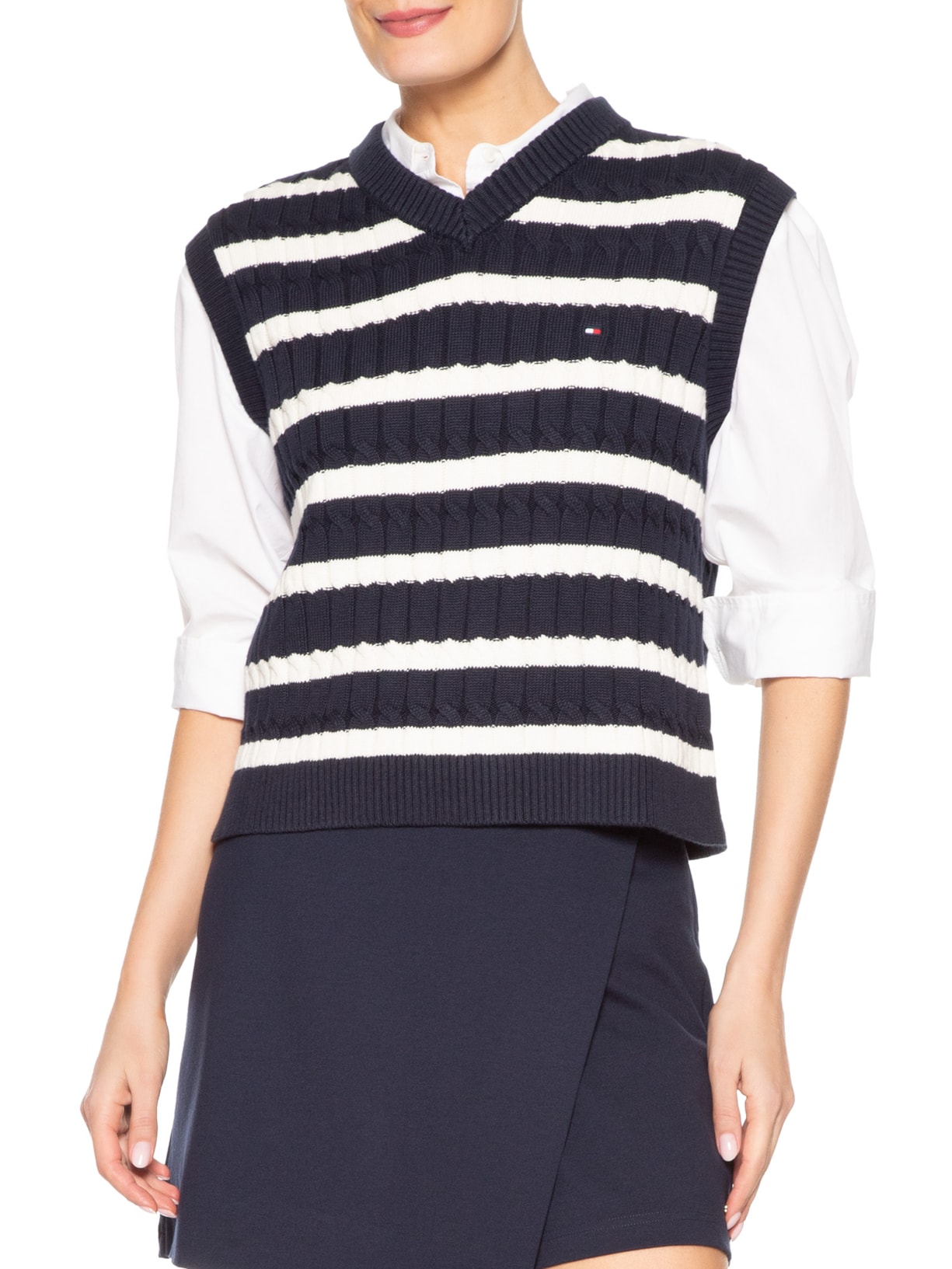 Colete Feminino Co Cable Mid V-Neck Vest Preto Tommy Hilfiger