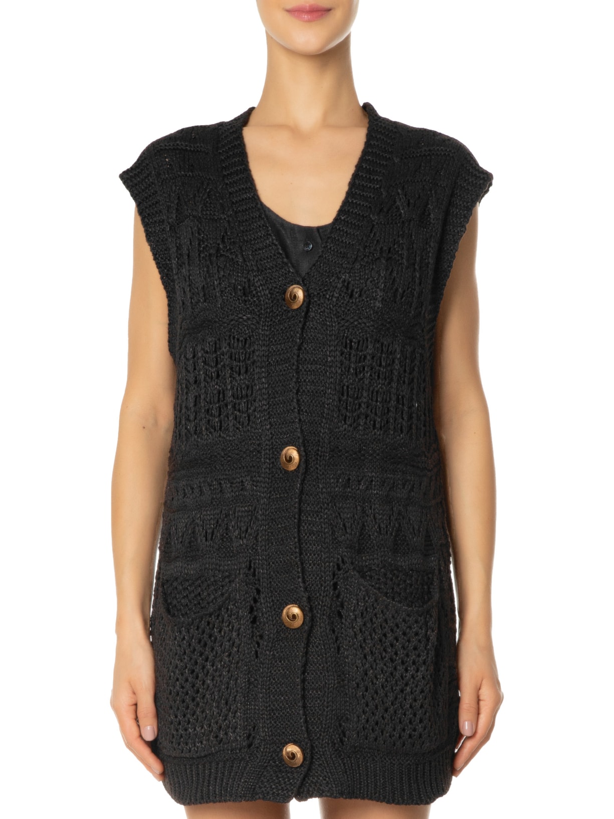 Colete Feminino Com Botões Em Tricot Preto '2Essential