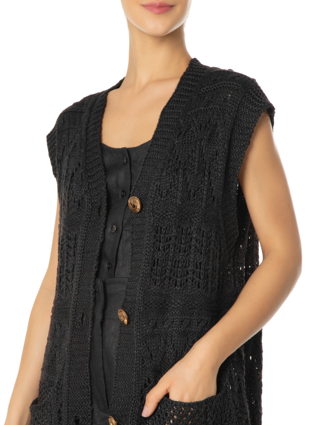 Colete Feminino Com Botões Em Tricot Preto '2Essential