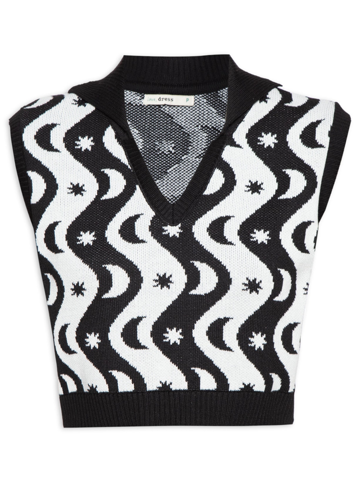 Colete Feminino Cropped Tricot Estampa Alquimia - Preto