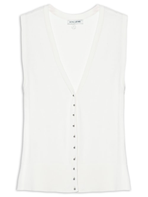 Colete Feminino De Tricot Com Botão De Metal - Off White