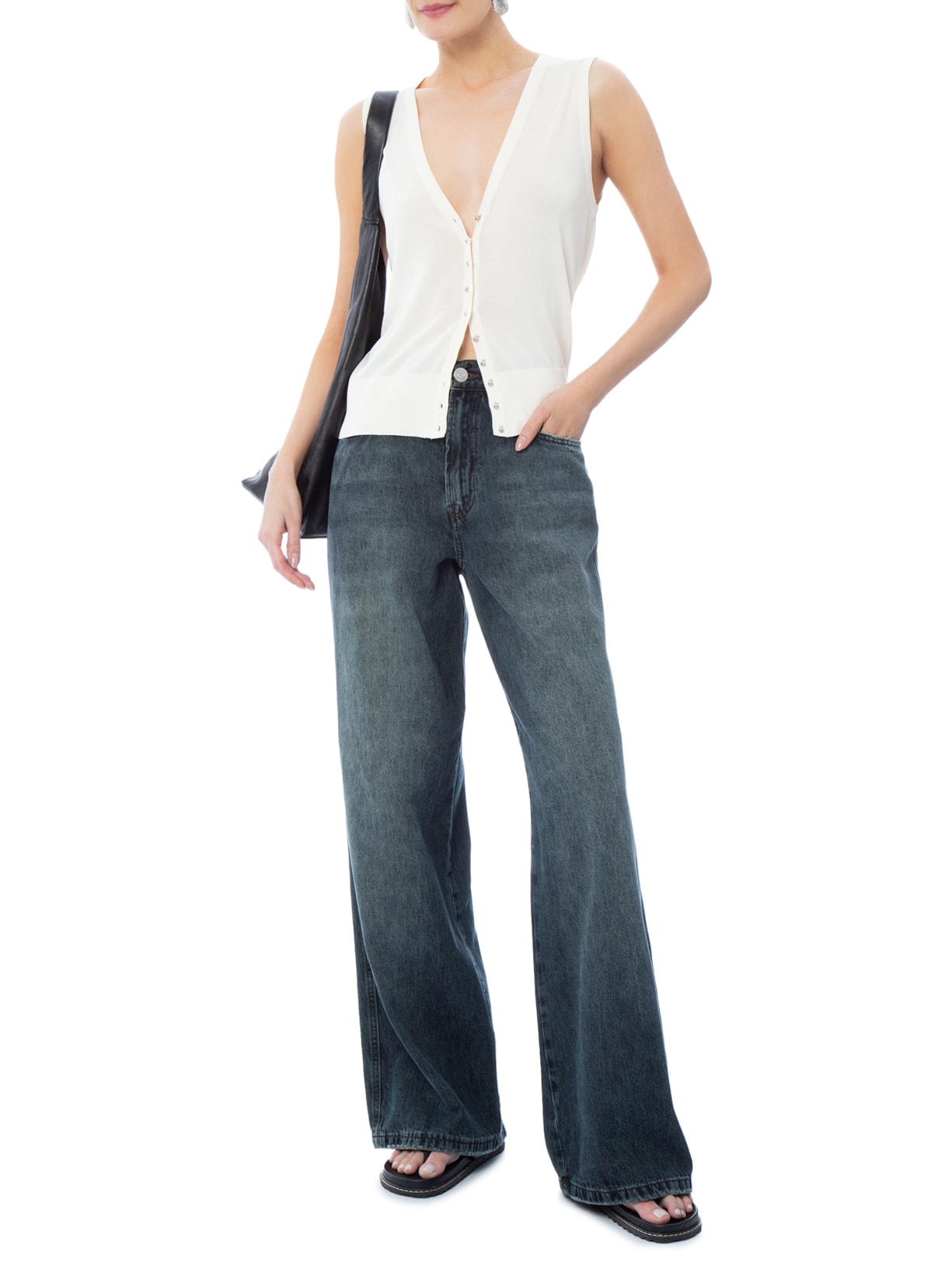 Colete Feminino De Tricot Com Botão De Metal Off White Animale Jeans