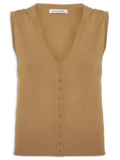 Colete Feminino de Tricot Com Botão de Metal – Marrom
