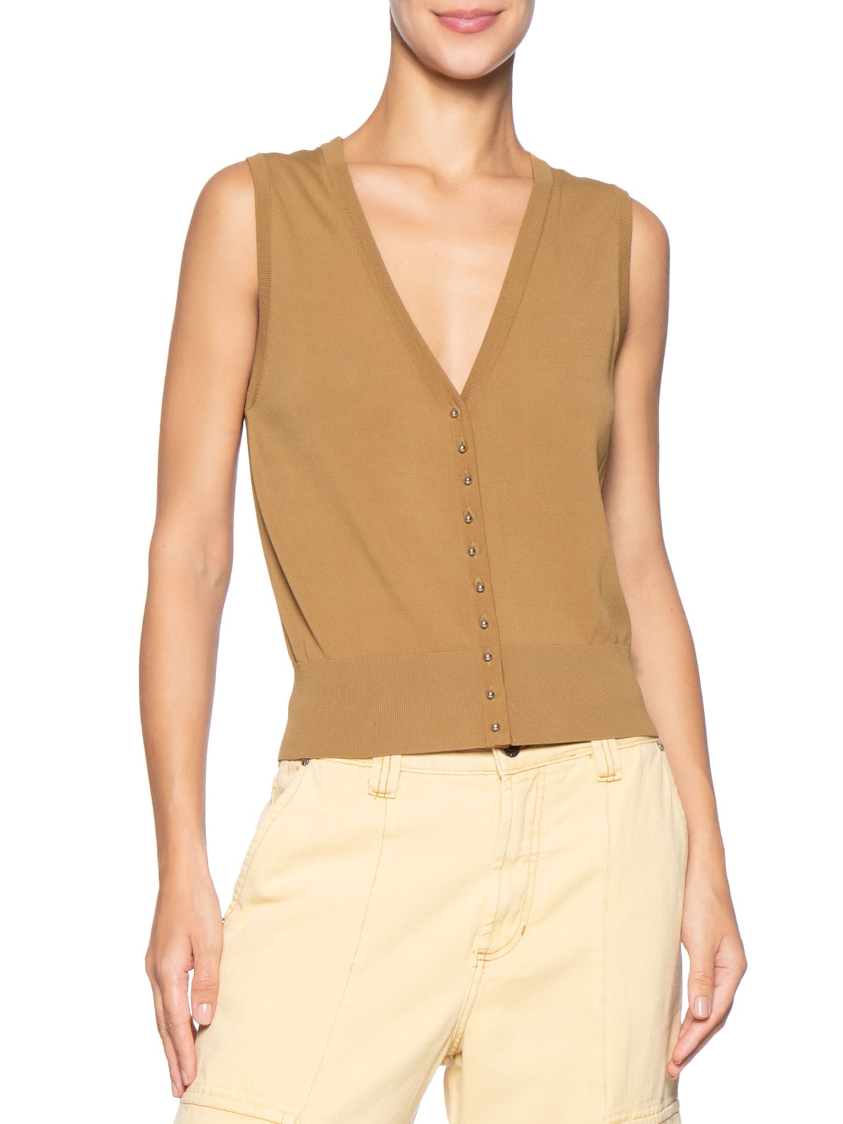 Colete Feminino de Tricot Com Botão de Metal – Marrom Animale Jeans