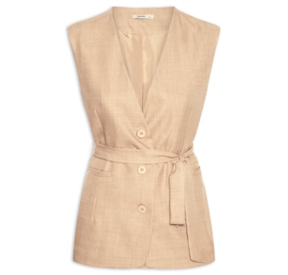Colete Feminino Decote V Com Faixa - Bege