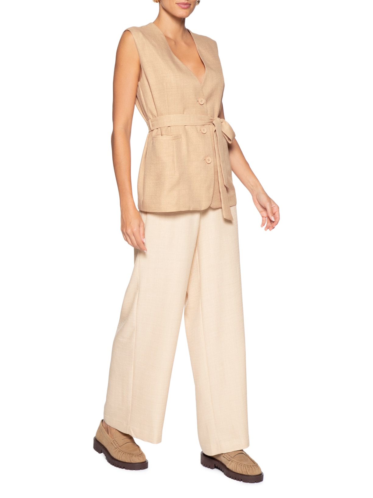 Colete Feminino Decote V Com Faixa Bege Basiq