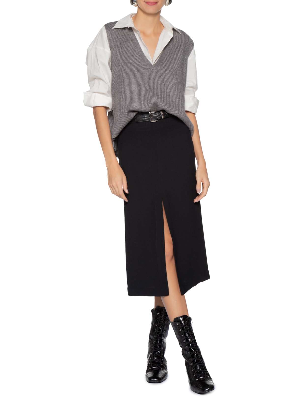 Colete Feminino Decote V Em Tricot Cinza '2Essential