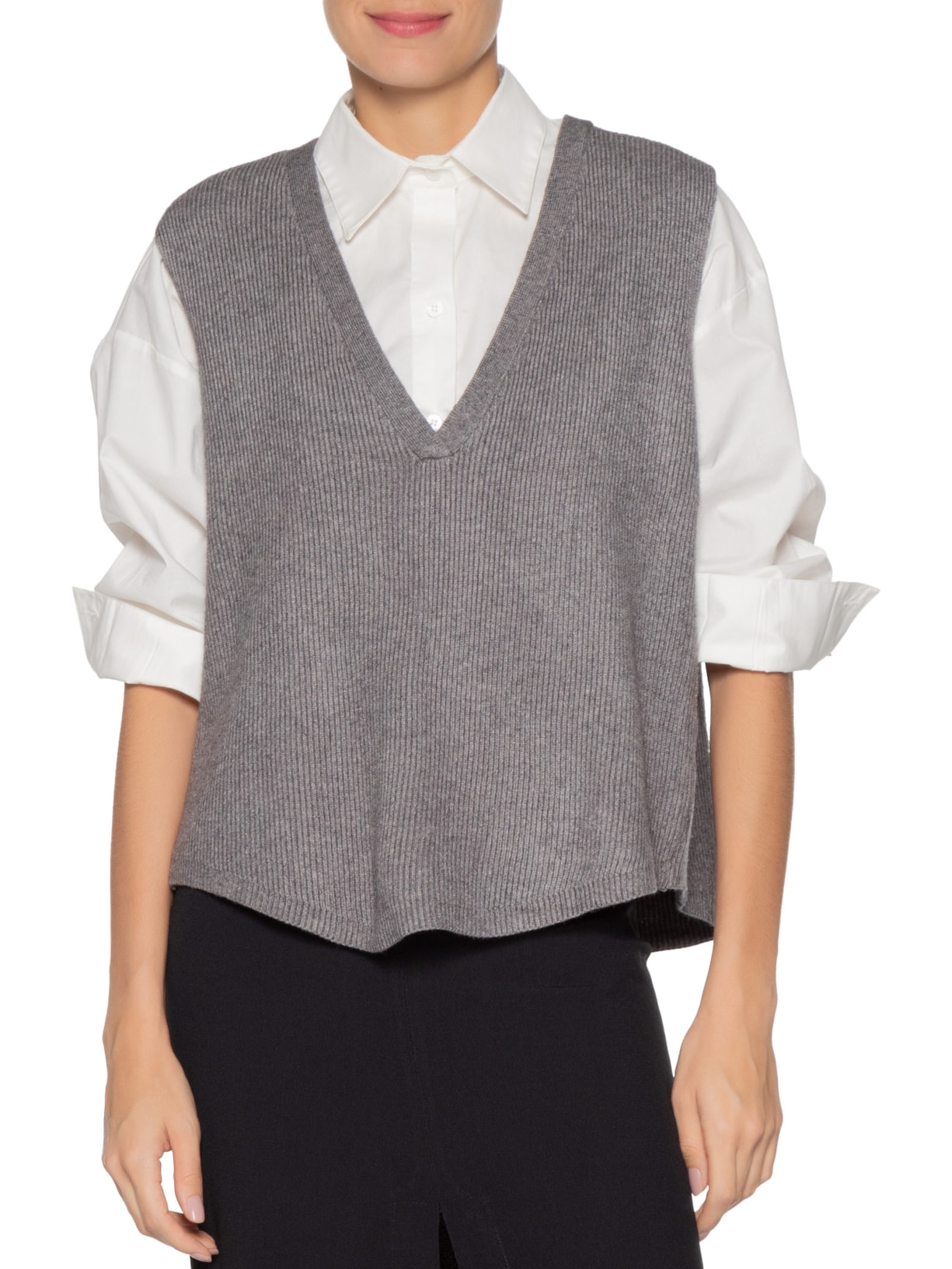 Colete Feminino Decote V Em Tricot Cinza '2Essential