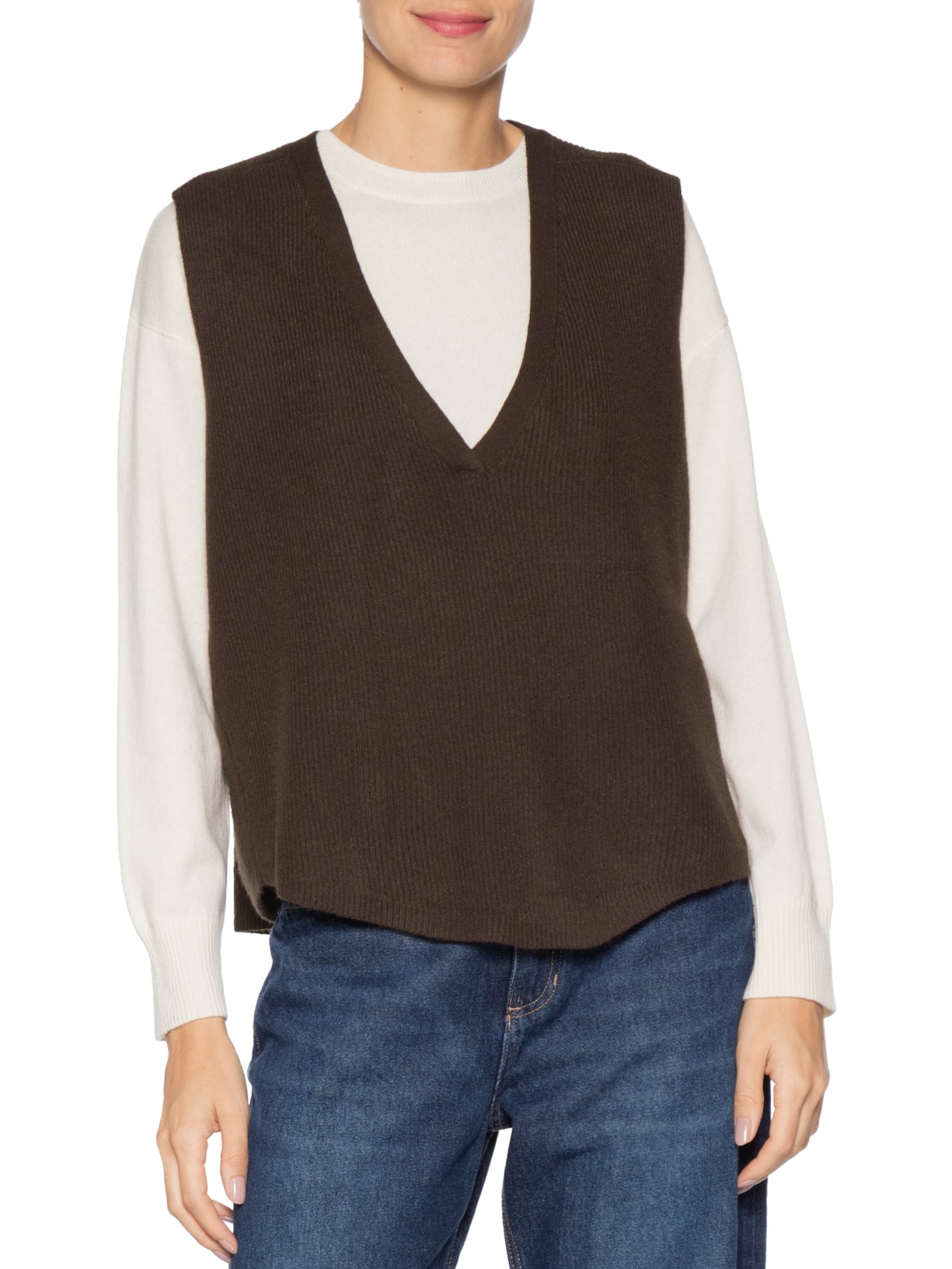 Colete Feminino Decote V Em Tricot Marrom '2Essential