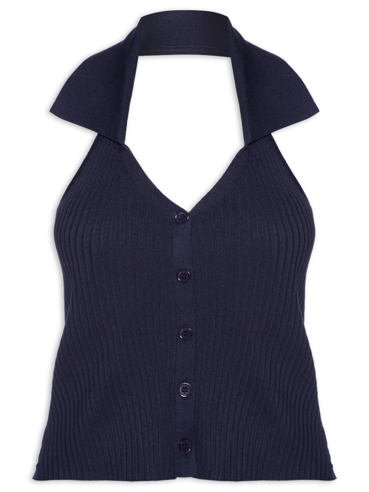 Colete Feminino Em Tricot Gola Polo Azul Basiq