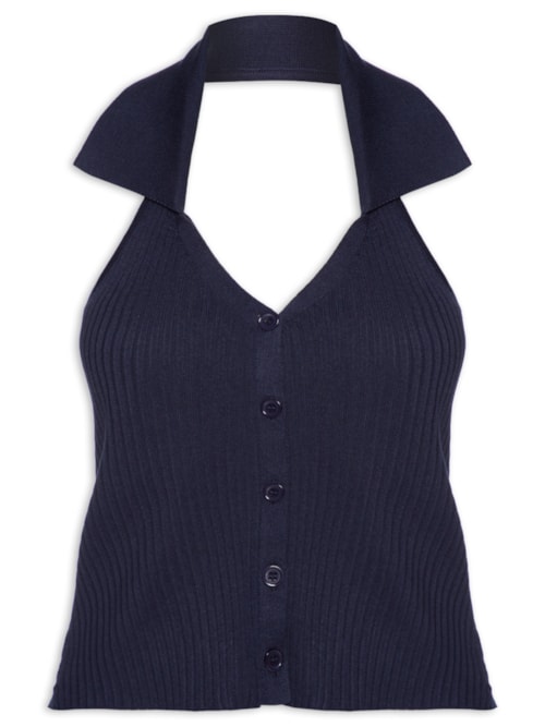 Colete Feminino Em Tricot Gola Polo - Azul