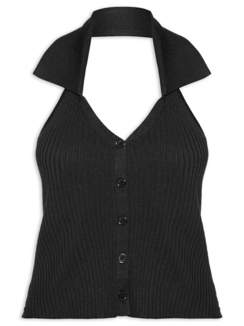 Colete Feminino Em Tricot Gola Polo - Preto