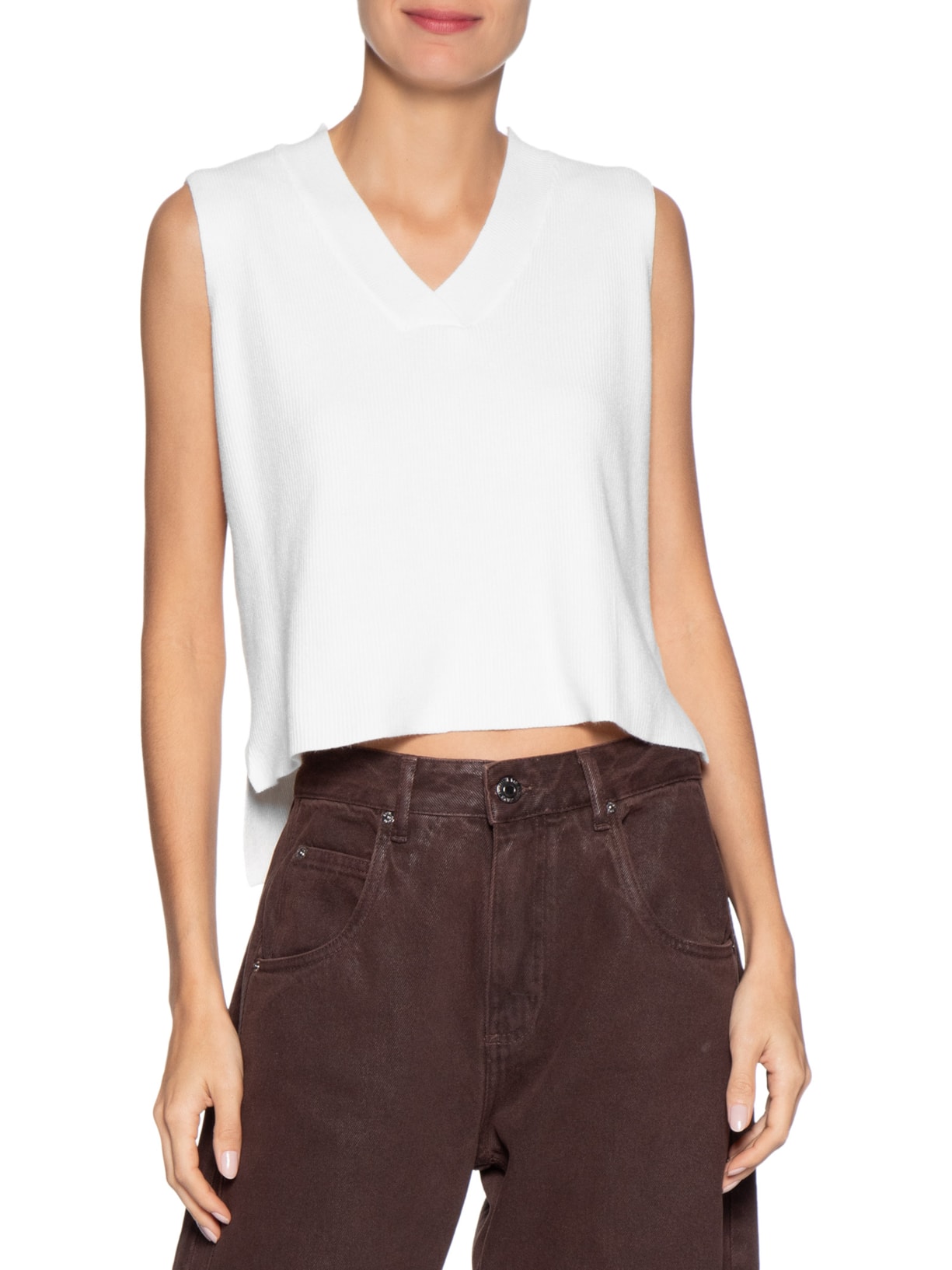 Colete Feminino em Tricot Gola V Branco Basiq