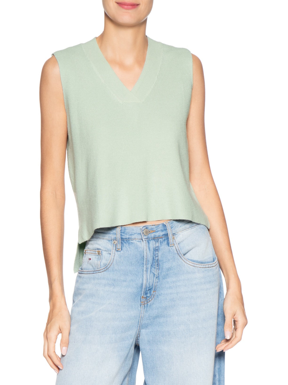 Colete Feminino em Tricot Gola V Verde Basiq
