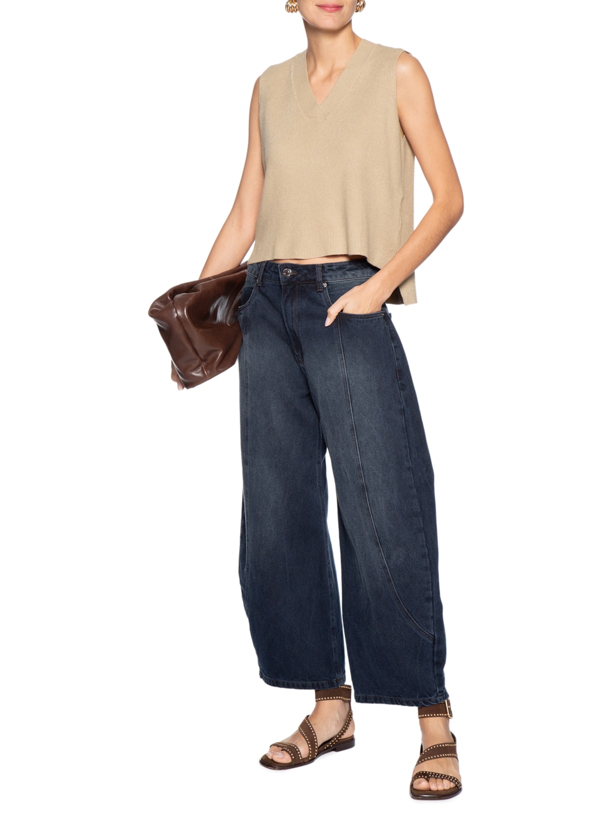 Colete Feminino em Tricot Gola V – Bege Basiq