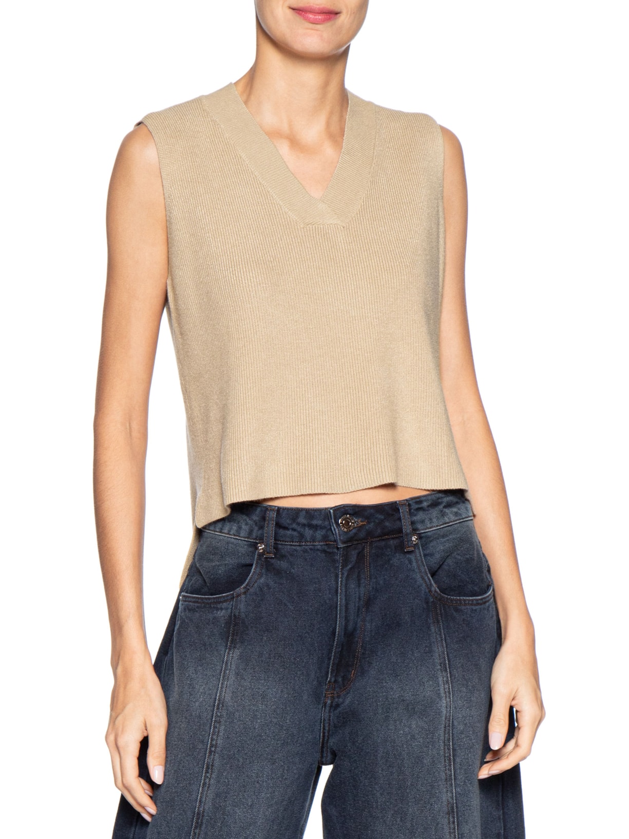 Colete Feminino em Tricot Gola V – Bege Basiq