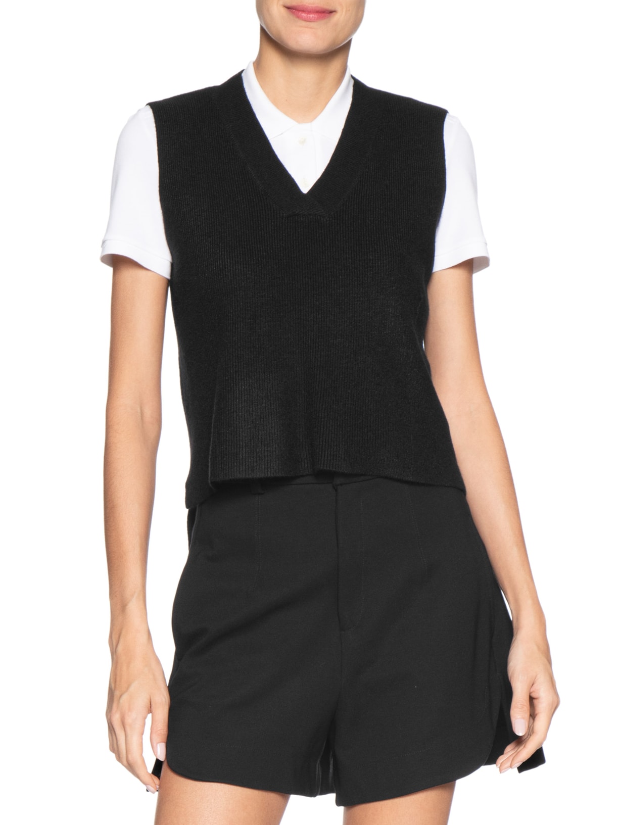 Colete Feminino em Tricot Gola V – Preto Basiq