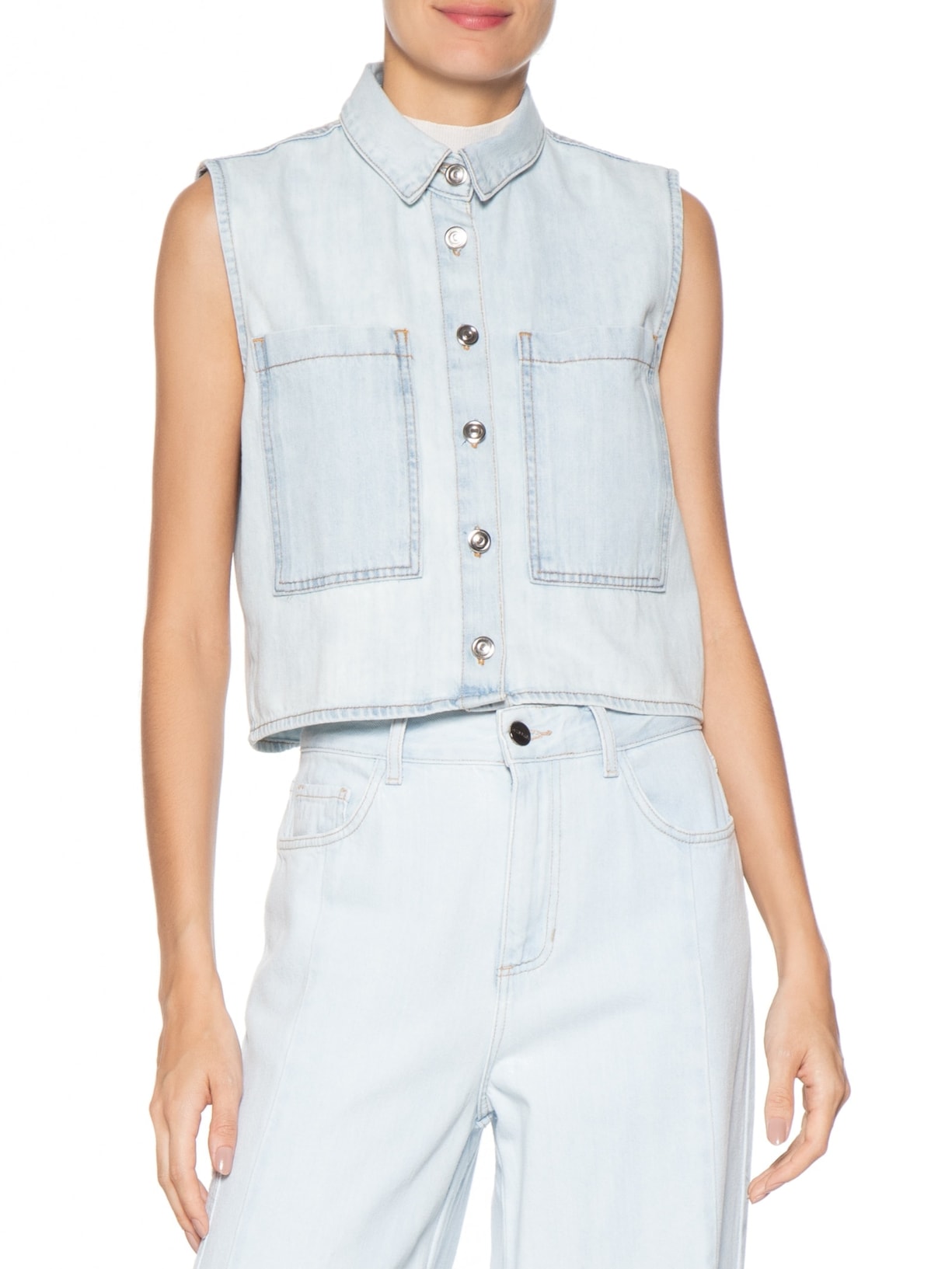 Colete Feminino Jeans Com Bolso Azul Basiq