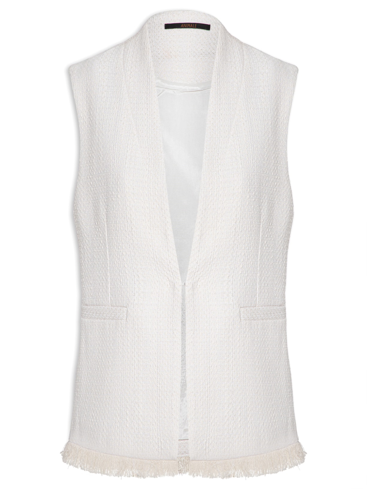 Colete Feminino Longo De Tweed Com Franjas - Off White