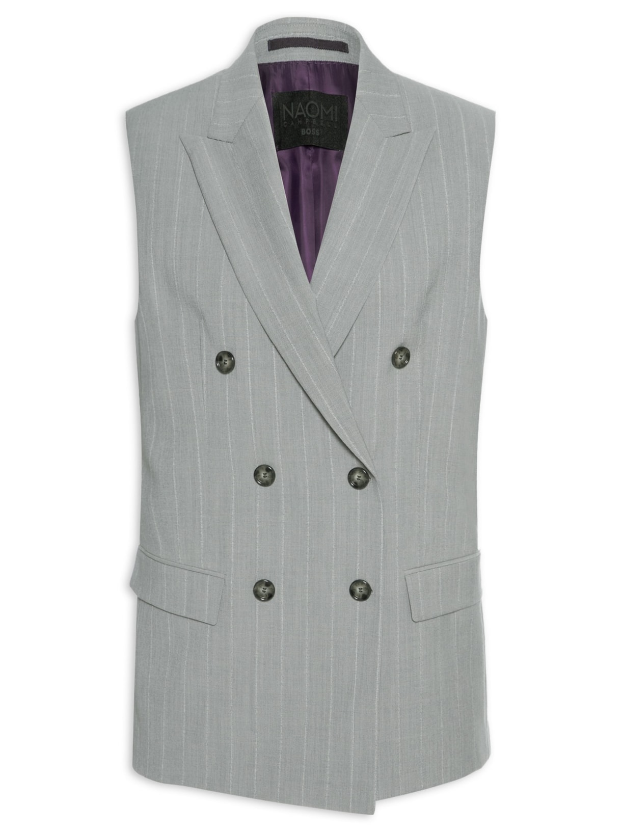 Colete Feminino Oversized Em Lã Virgem Risca De Giz - Cinza