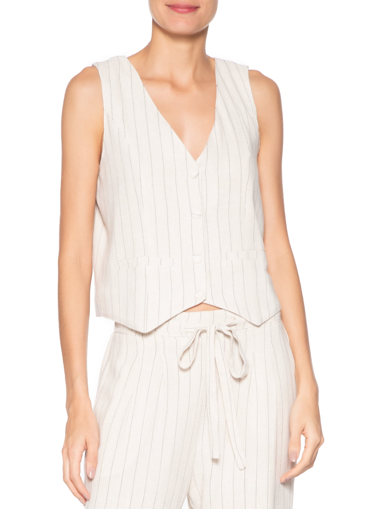 Colete Feminino Risca de Giz Com Linho Off White Basiq