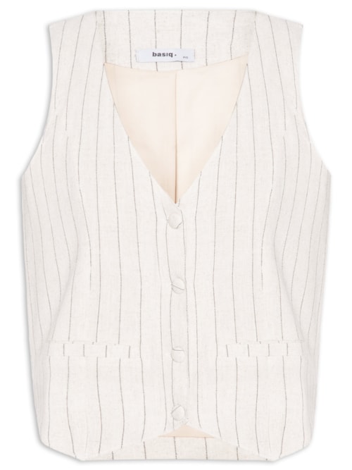 Colete Feminino Risca de Giz Com Linho - Off White
