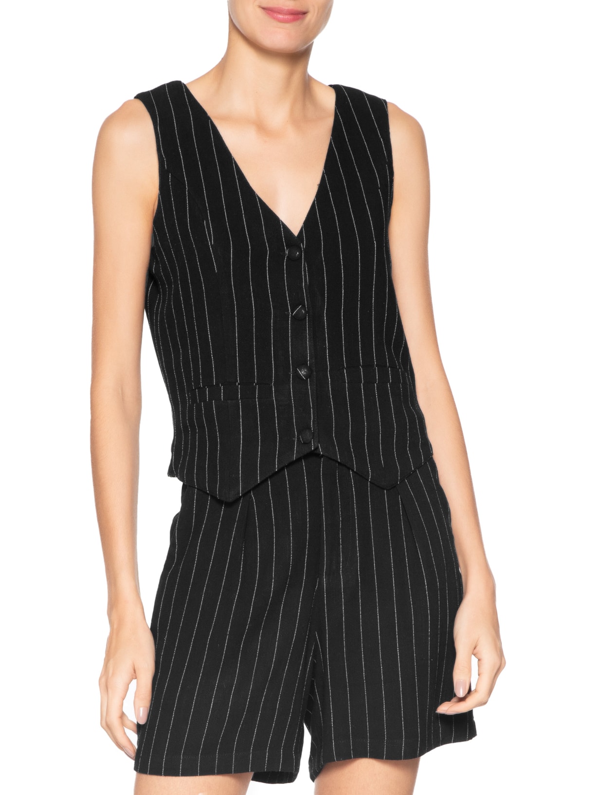 Colete Feminino Risca de Giz Com Linho Preto Basiq