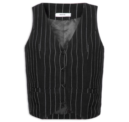 Colete Feminino Risca de Giz Com Linho - Preto