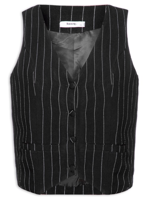 Colete Feminino Risca de Giz Com Linho - Preto