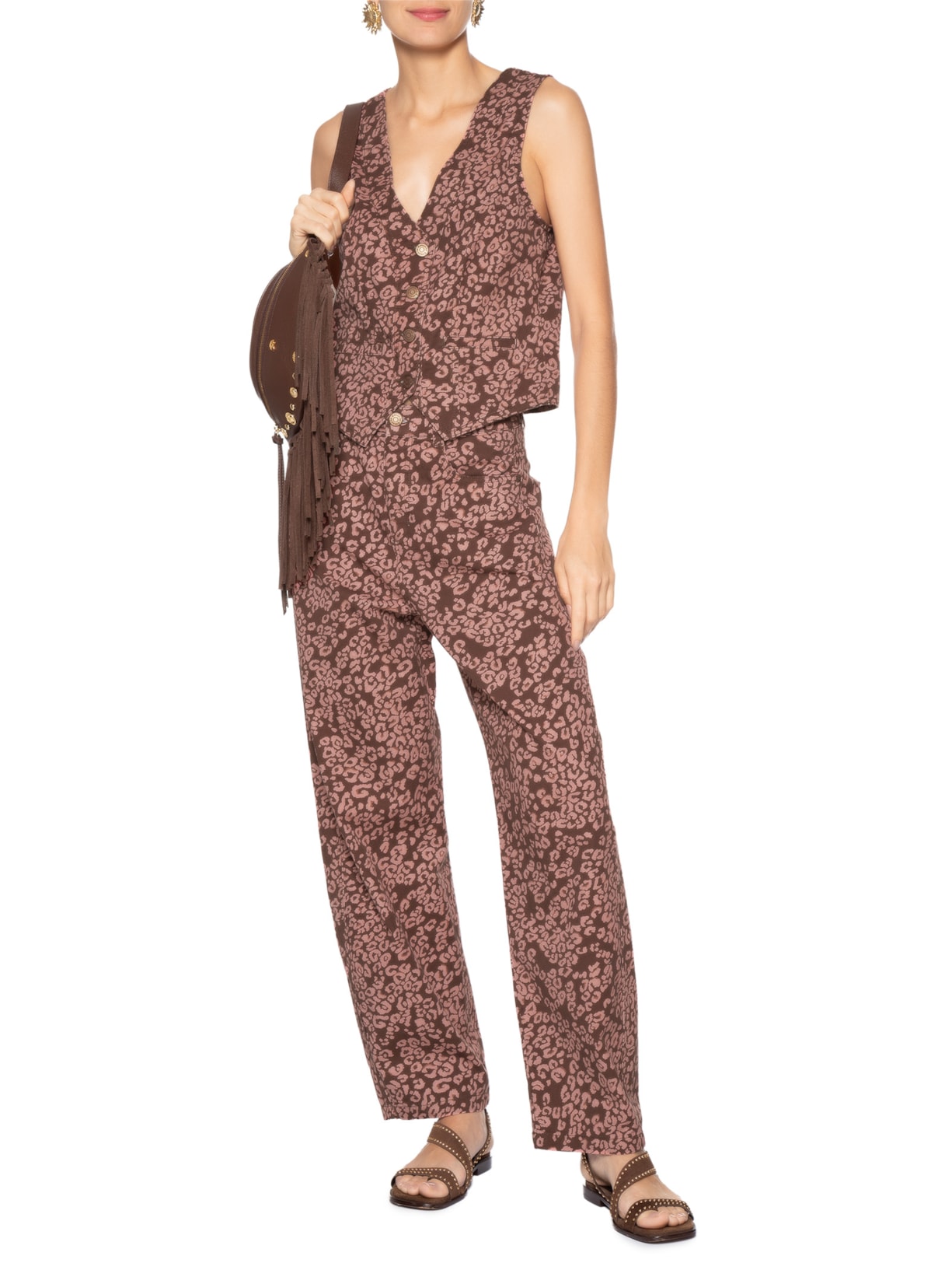 Colete Feminino Sarja Estampa Felina Marrom Dress To