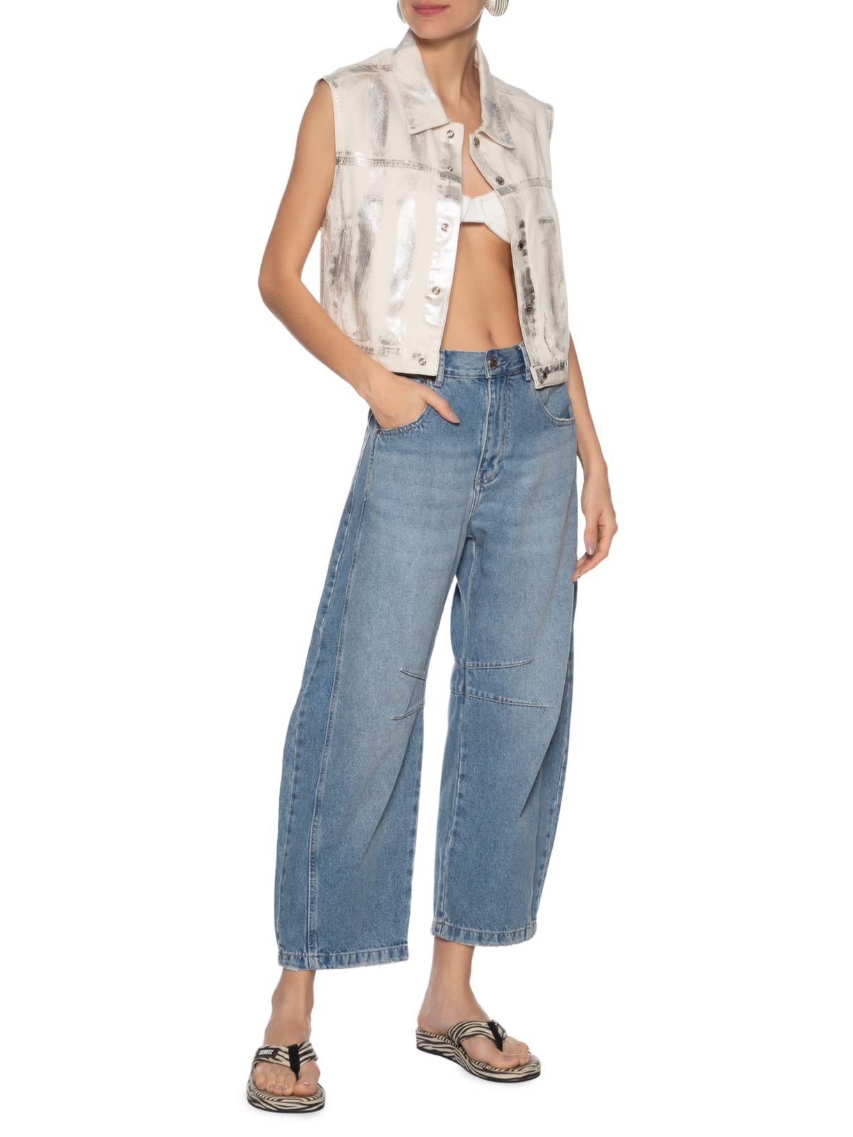 Colete Feminino Sarja Foil Metalizada Bege Animale Jeans