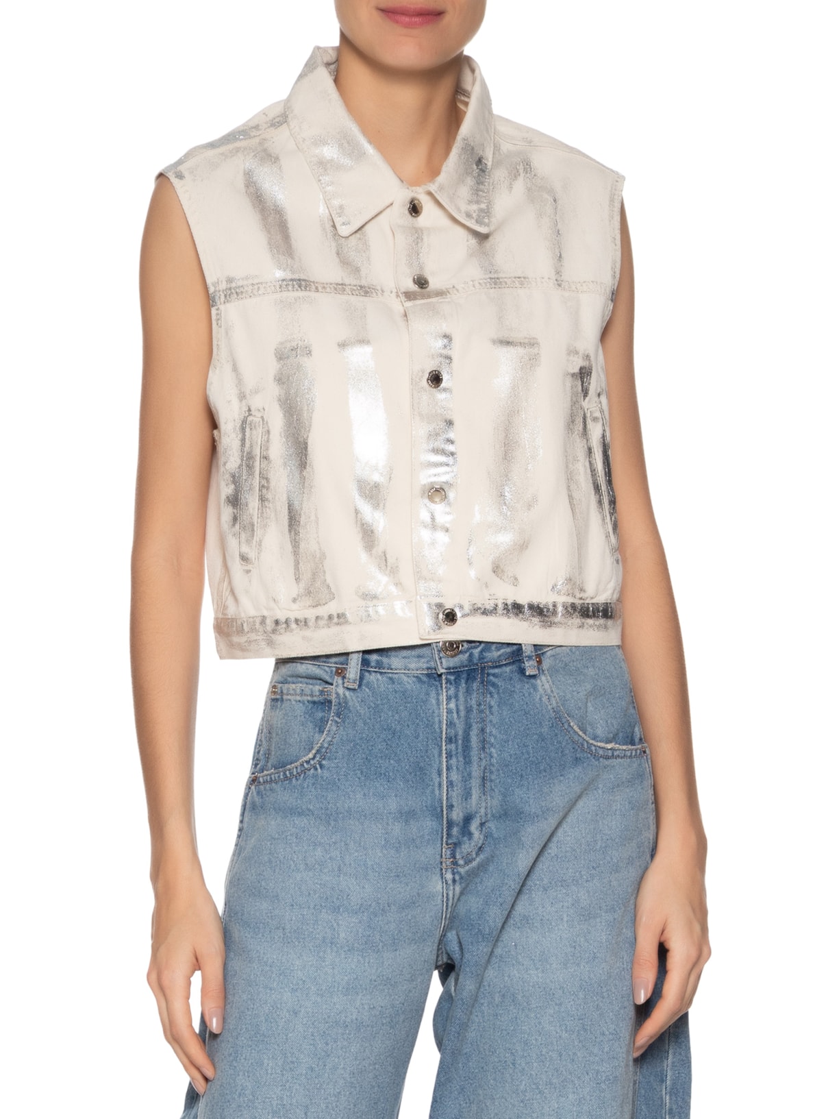 Colete Feminino Sarja Foil Metalizada Bege Animale Jeans